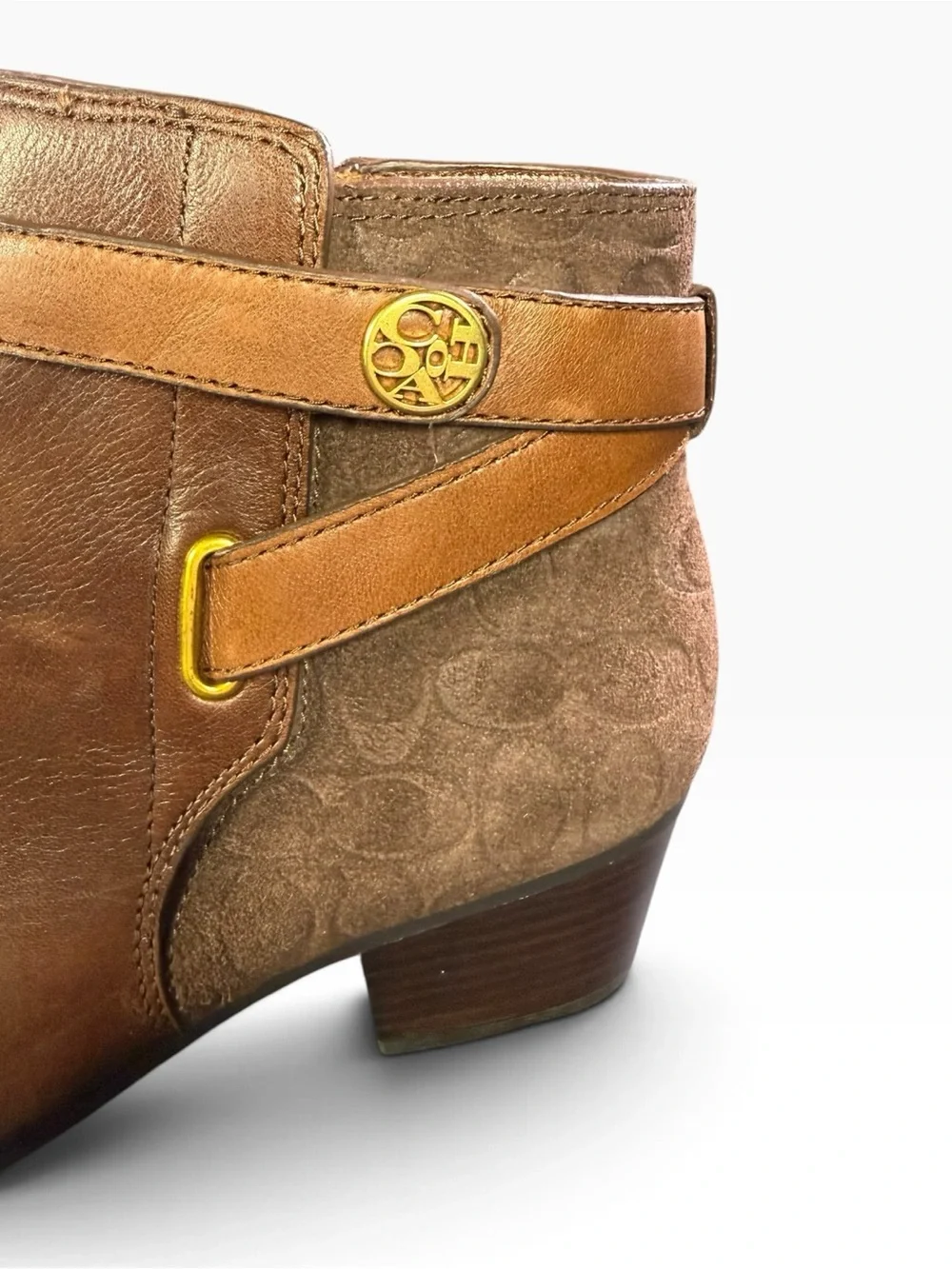 Coach Metallic Brown Leather & Suede Ankle Boot with Gold Accent